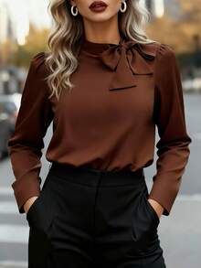 Elenzga Plus Size Women Casual Tie-Up Solid Color Shirt - Brown - View 1