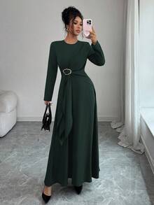Elenzga 女士优雅纯色圆领交叉系带A字长袖连衣裙，适合休闲、通勤、度假、下午茶、圣诞派对等场合。 - 墨綠色 - 查看 5