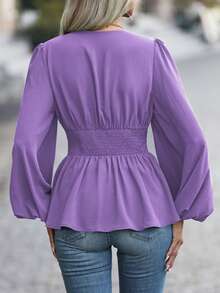 SHEIN LUNE Solid Color V-Neck Long Sleeve Ruched Simple Casual Shirt Peplum Top - Purple - View 2