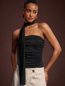 L'Amorae 女款 Y2K 纯色褶饰露背上衣 - 黑色 - 查看 4