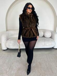 SHEIN SXY 女士纯色优雅无袖人造毛皮系带夹克，巧克力棕色上衣，女士冬季无袖人造毛皮外套 - 棕色 - 查看 5