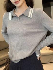 DAZY 女式条纹高领长袖休闲毛衣，秋冬 - 灰色 - 查看 6