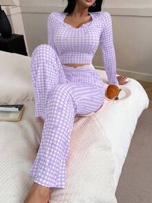 SHEIN 女士复古格子蝴蝶结蕾丝边长袖上衣和喇叭裤睡衣套装，秋冬服装 - 紫色 - 查看 4