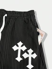 ROMWE MEN Street Life Men's Fashionable Striped Pants, Casual Loose Fit Trousers For Street Style - Black - View 4
