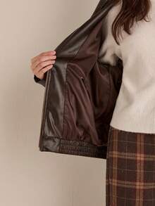 Easelle 秋冬女士咖啡色编织皮夹克 - 棕色 - 查看 6