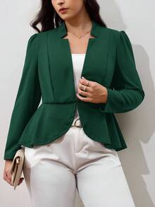 Chikora Plus Notched Detail Ruffle Hem Blazer,Business Casual Woman In Fall/Winter - Dark Green - View 1