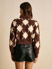 Poéselle Pulover damă maro în carouri, cu guler polo, ajustat în talie, pulover retro american, tricotat moale, călduros și confortabil, pulovere de iarnă pentru femei, pulover maro, simplu și elegant, potrivit pentru purtare zilnică, ieșiri în oraș, naveta, toamnă/iarnă - Maro - Vizualizare 8