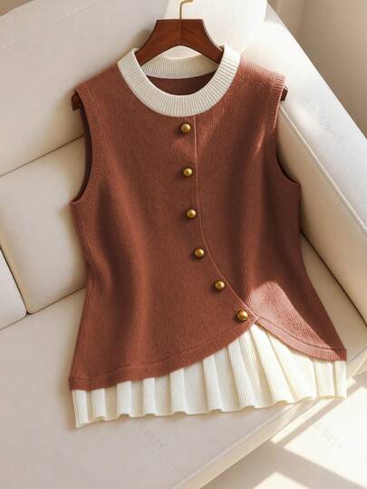 GlowEve 优雅撞色褶裥下摆无袖圆领不对称设计金属纽扣装饰百搭女士针织上衣