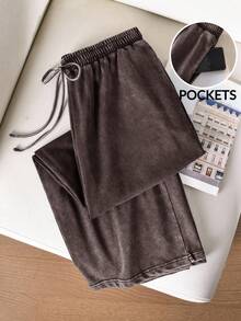 CosyJoli 大码休闲针织雪花直筒口袋裤 - 咖啡棕 - 查看 1