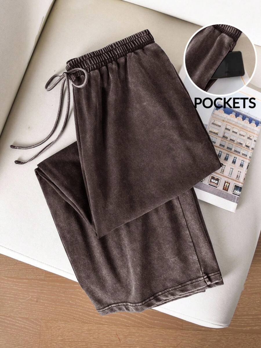 CosyJoli 大码休闲针织雪花直筒口袋裤 - 咖啡棕 - 查看 1