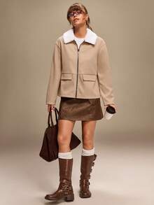 Hanevo 女士休闲拉链外套，带毛领，长袖，秋冬款 - 杏色 - 查看 6