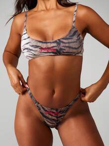 Missguided x Playboy Tiger Print Scoop Neck Bralette And Thong Set With Embroidered Logo Detail - Multicolor - View 3