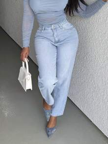 Alexandranx High Waist Mom Fit Jeans,Ladies Casual Button,Pocket,Zipper High Waist Tapered/Carrot Long Medium Wash Cotton Mom Fit Regular Fit Women Jeans,Spring/Fall,Casual Daily Wear ,Petite Women - Medium Wash - View 3