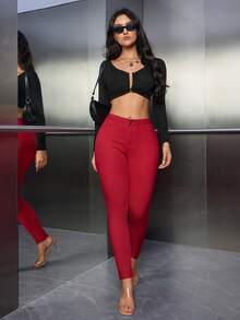 SHEIN ICON 女式口袋紧身休闲百搭牛仔裤 - 紅色 - 查看 3