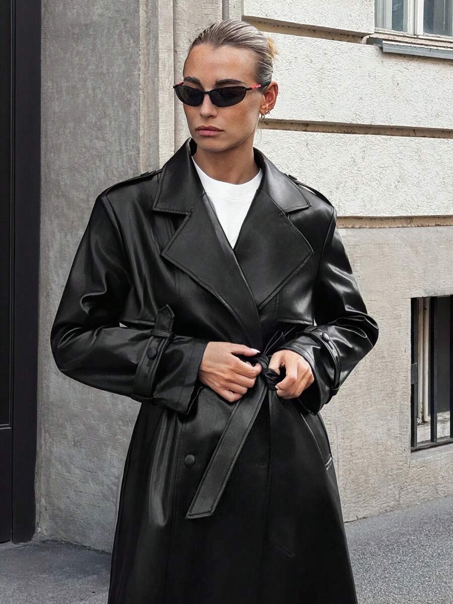 Ontre Women's Fashion PU Double-Breasted Waist Belt Trench Coat Street-Cool, High-End, Simple, Cool Motorcycle Style Workwear A Must-Have For Autumn And Winter: A High-End, Comfortable, Vintage-Style Jacket Back-To-School Season Campus Wear Club Wear Youthful Casual Style Low-Key And Durable Basic Style, All-Match And Suitable For Everyone, Street Fashion Wear, Coffee Shop Wear, Relaxed Wear All-Season Winter Clothes