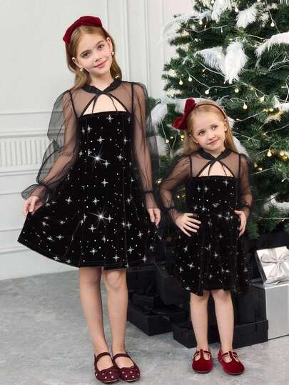 SHEIN Young Girls Solid Black Glitter Velvet Black Fitted Mini Dress, Mesh Puff Sleeve, Fall/Winter Dress, Suitable For Christmas Party Wear, Christmas Dress, Masquerade Ball Dress, Red Dress, Fairy Dress ,Christmas Party Dress