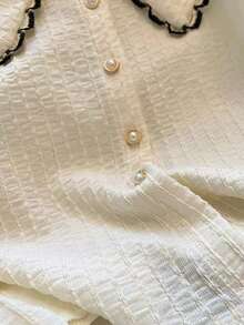 SHEIN Franclia 新款撞色甜美泡泡袖法式袖口大码女式衬衫 - 杏色 - 查看 4