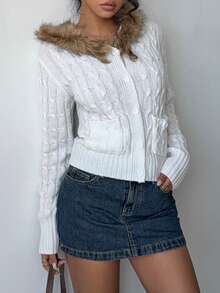 Jeanoix Jeanoir Warm-Sensing Wool Collar Hooded Sweater, Casual Ladies Knitted Sweater - White - View 5