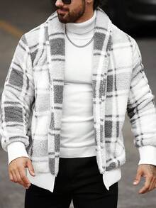 Manfinity Homme 男士休闲简约风格夹克，适合日常穿着，男士夹克，适合圣诞节、新年假期、聚会、晚宴、秋冬季男士都市保暖夹克格子彩色长袖美式夹克，适合朋友、丈夫、男朋友的礼物 - 彩色 - 查看 4