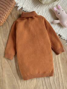 Girls' Fashion Turtleneck Twist Rope Long Sleeve Sweater Dress,Kids Brown Apricot Tan Autumn Dress,Back To School Outing Party Fashionable Knitwear - Brown - View 2