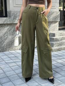 Chiquease Women's Straight Leg Multi-Pocket Cargo Pants - Army Green - View 3