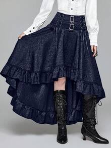 ROMWE Goth Women's Vintage Palace Dark High Waist A-Line Jacquard Patterned Front Short Back Long Skirt - Navy Blue - View 2