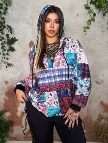 Whyspr Sweatshirt Patchwork Motif Kotak-kotak & Bunga Retro Ukuran Plus Bergaya Grunge Cottage Punk Modis - Merah - View 4