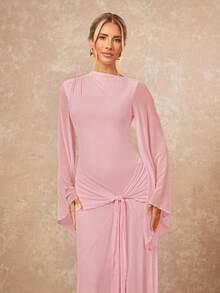 Lumalex Women's Loose Sheer Dress With Tie-Up Sash And Flowy Sleeves - Baby Pink - View 4