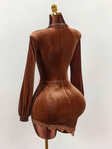 Amplova Women's Coffee Brown Velvet Deep V-Neck Ruched Long Sleeve Mini Dress,Autumn 70s Party Y2K Solid Color Elegant Thanksgiving New Year - Camel - View 8