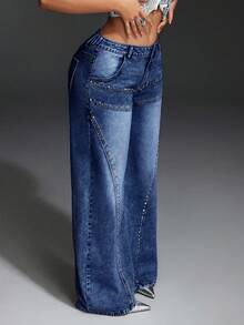 Slaydiva 大码女式宽松休闲牛仔阔腿裤，带口袋和铆钉设计 - 深色水洗藍 - 查看 4