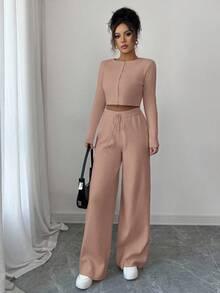 Modelyn Women's Elegant Solid Color Ribbed Knit Sweater And Wide Leg Pants 2 Pieces Set, Autumn - Dusty Pink - View 4