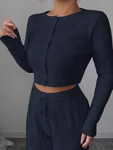 Modelyn Women's Solid Color Long Sleeve Single-Breasted Cropped Knit Cardigan And Knit Pants Elegant 2 Pieces Set, Autumn/Winter - Royal Blue - View 3