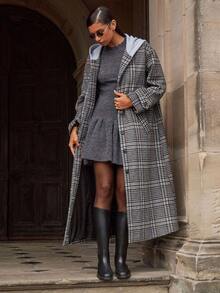 Athîral 女式格纹落肩长款连帽纽扣前开襟长款风衣 - 彩色 - 查看 3