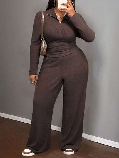 Slaydiva 秋冬新款休闲日常家居运动修身纯色咖啡棕色衬衫领半拉链腰部单褶常规T恤搭配宽松阔腿口袋裤，针织纹理面料女款加大码两件套