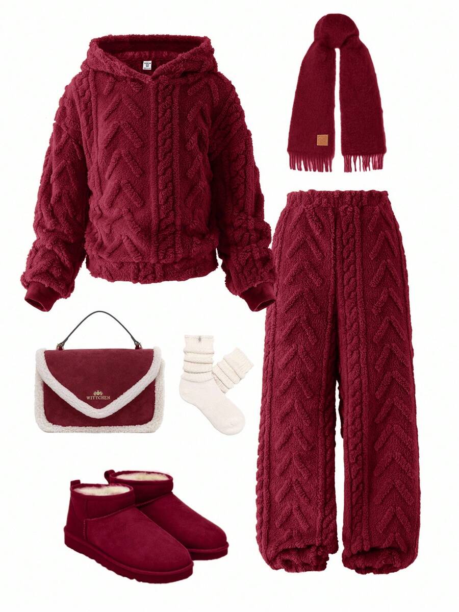 SHEIN Girlism 2pcs/Set Tween Girls Warm Textured Fleece Loose Fit Casual Hoodie And Sweatpants Set, Autumn - Burgundy - View 1