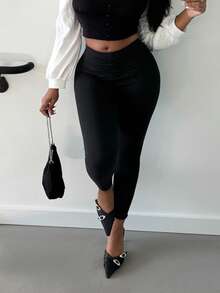 Alexandranx 纯色高腰紧身黑色紧身裤 - 黑色 - 查看 3