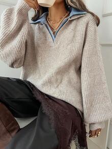 DAZY 女士撞色领宽松休闲毛衣，秋冬 - 卡其色 - 查看 2