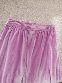 Elladie kids 少女甜美可爱休闲纯色长袖圆领上衣搭配简约长裤，紫色T恤套装 - 紫色 - 查看 4