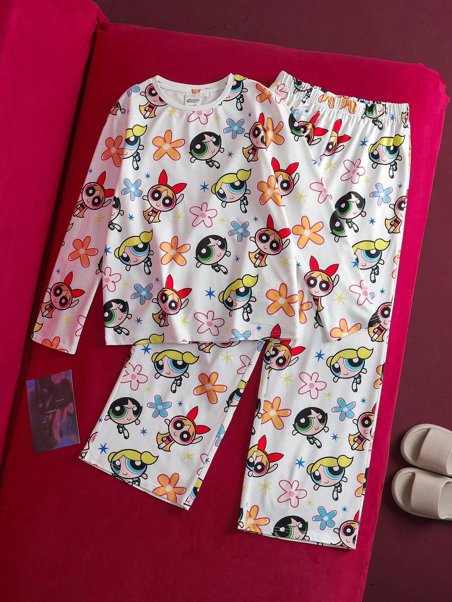 THE POWERPUFF GIRLS X SHEIN Set de pijama informal de 2 piezas con top de manga larga y pantalones con estampado de Blossom, Bubbles y Buttercup para niñas preadolescentes - Blanco - Ver 1