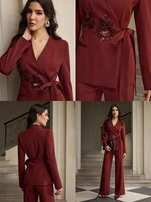 ZEYLAH Chaqueta blazer de mujer con mangas largas, unicolor, con decoración de lentejuelas florales y lazo lateral, para otoño - Rojo - Ver 6