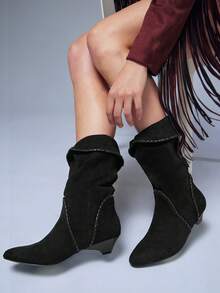 Solezae 女士迷人尖头低跟仿麂皮中筒靴 - 黑色 - 查看 8