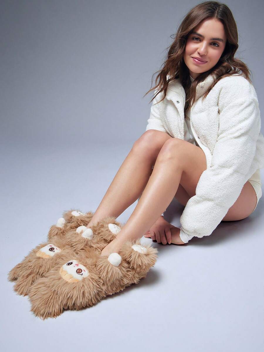 Solezae Women's Fashionable Cozy Plush Teddy Slippers - Brown - View 1