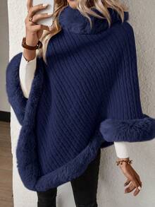 EMERY ROSE Women's Loose Solid Color Poncho Faux Fur Fashion Sweater, Autumn/Winter - Blue - View 5