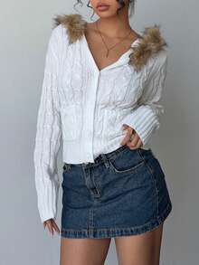 Jeanoix Jeanoir Warm-Sensing Wool Collar Hooded Sweater, Casual Ladies Knitted Sweater - White - View 3