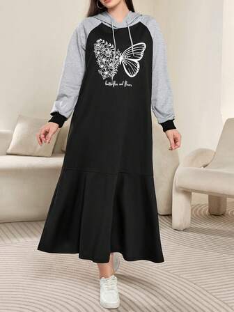 Modelyn 大码女式字母蝴蝶印花抽绳连帽长袖休闲连衣裙，秋冬款