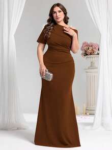 Coutiva Plus Size Solid Color Minimalist Formal Evening Gown - Khaki - View 3