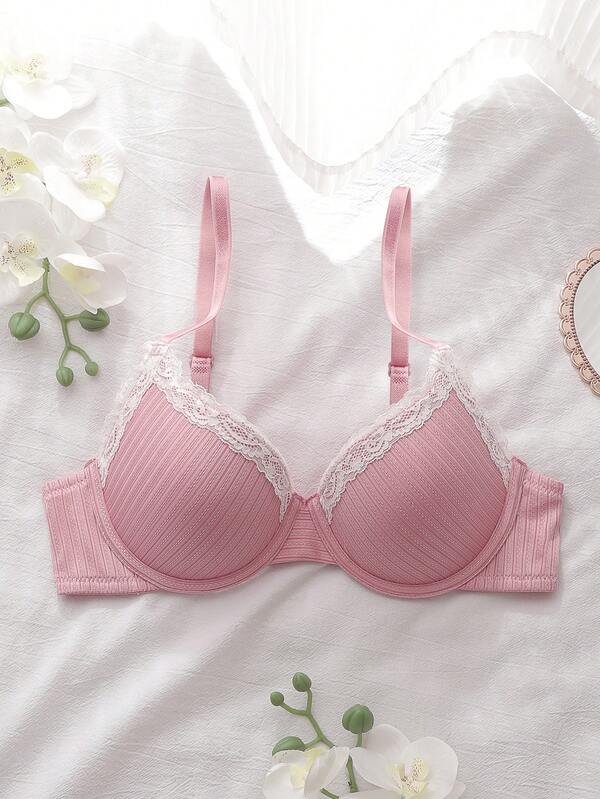 DelicateAllure 1pc Pink Striped Fresh Cute Sweet Girl Underwear, Gather & Lift Padded Underwire Bra For Women