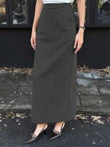 Elyressa Women's Casual Houndstooth Pattern Long Skirt, Autumn/Winter - Grey - View 3