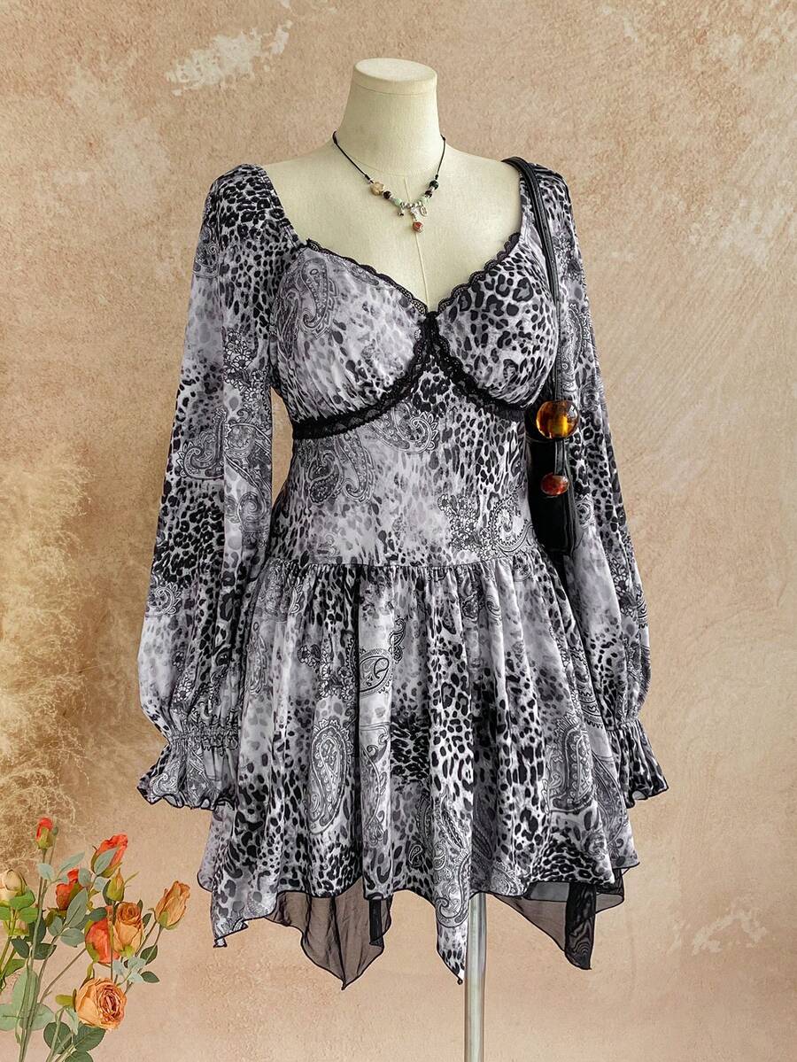 Soleia Plus Size Women Leopard Print Long Sleeve Asymmetrical Hem Mini Dress - Multicolor - View 1