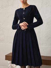 Heiryn New Elegant Cinched Waist Pleated Asymmetric Button Denim Effect Print Dress - Navy Blue - View 6